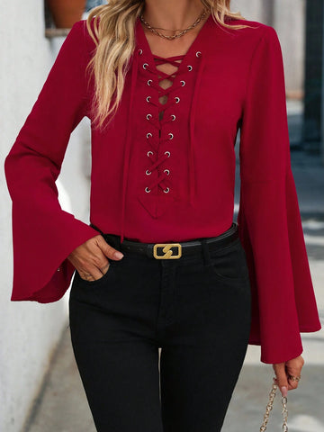 Clasi Women's Deep V-Neck Tie Front Elegant Commuter Shirt