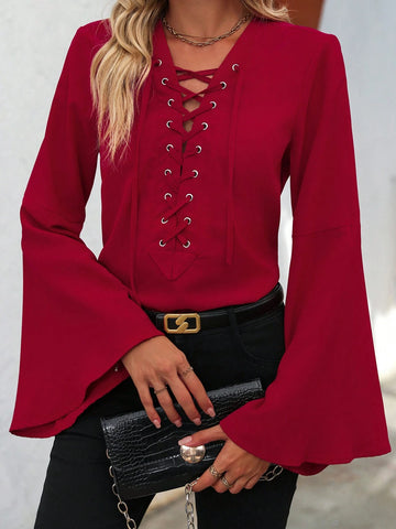 Clasi Women's Deep V-Neck Tie Front Elegant Commuter Shirt