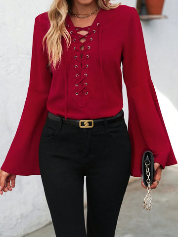 Clasi Women's Deep V-Neck Tie Front Elegant Commuter Shirt