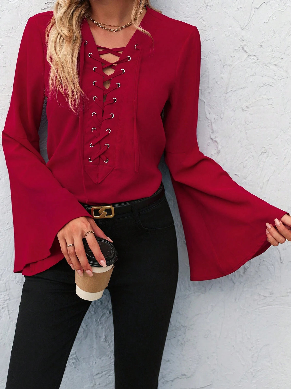 Clasi Women's Deep V-Neck Tie Front Elegant Commuter Shirt