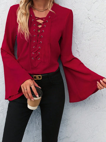 Clasi Women's Deep V-Neck Tie Front Elegant Commuter Shirt