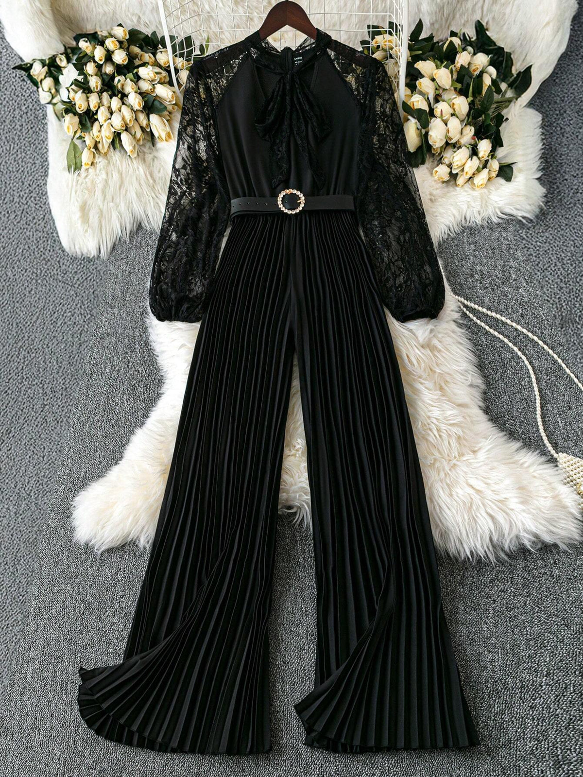 Women's Deep V Neck Lace Patchwork Lantern Sleeve Belted Pleated Wide Leg Jumpsuit