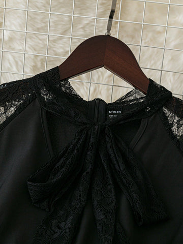 Women's Deep V Neck Lace Patchwork Lantern Sleeve Belted Pleated Wide Leg Jumpsuit