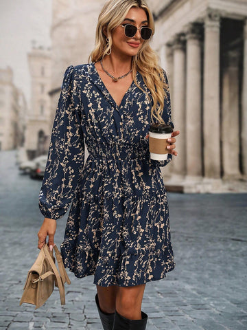 Women's Ditsy Floral Lantern Sleeve Drawstring Waist Casual Dress, Suitable For Vacation