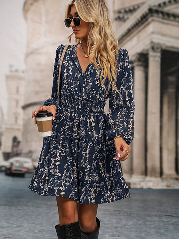 Women's Ditsy Floral Lantern Sleeve Drawstring Waist Casual Dress, Suitable For Vacation