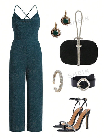 Women's Draped-Neck Silver Coated Spaghetti Strap Jumpsuit