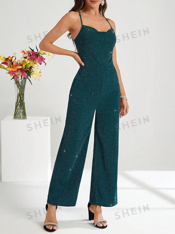 Women's Draped-Neck Silver Coated Spaghetti Strap Jumpsuit