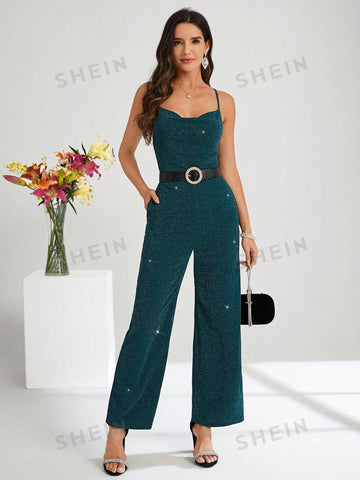 Women's Draped-Neck Silver Coated Spaghetti Strap Jumpsuit