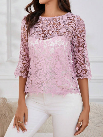 Clasi Women's Elegant And Commuting Light Greyish Purple All-Lace Boat-Neck Top