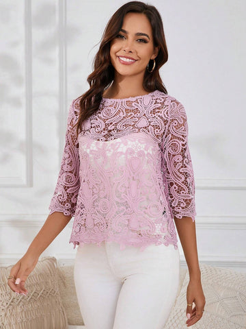 Clasi Women's Elegant And Commuting Light Greyish Purple All-Lace Boat-Neck Top