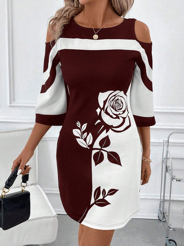 Women's Elegant Black & White Color Block Rose Pattern Placement Print V-Neck Open Shoulder Dress