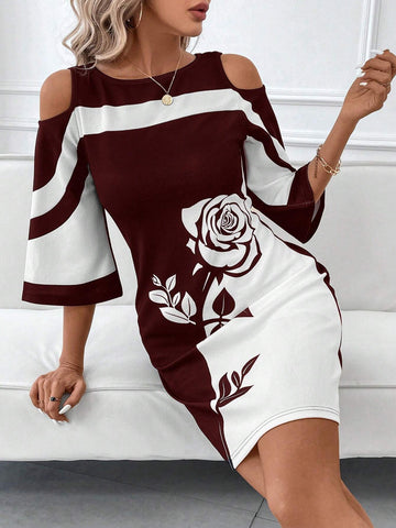 Women's Elegant Black & White Color Block Rose Pattern Placement Print V-Neck Open Shoulder Dress