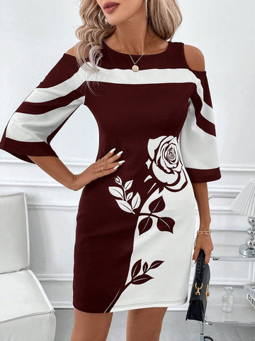 Women's Elegant Black & White Color Block Rose Pattern Placement Print V-Neck Open Shoulder Dress