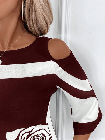 Women's Elegant Black & White Color Block Rose Pattern Placement Print V-Neck Open Shoulder Dress