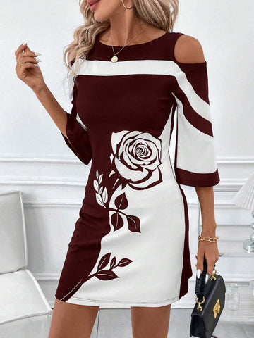 Women's Elegant Black & White Color Block Rose Pattern Placement Print V-Neck Open Shoulder Dress