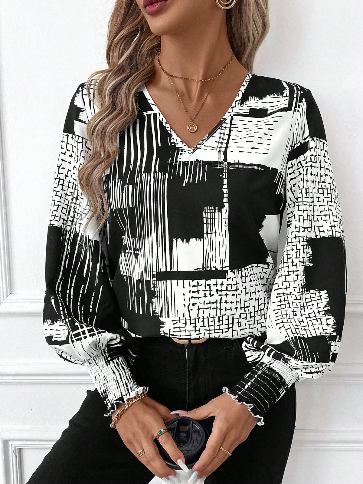 Clasi Women's Elegant Black & White Geometric Shirred Lantern Sleeve, Ruffle Trim Loose Casual Commuter Blouse