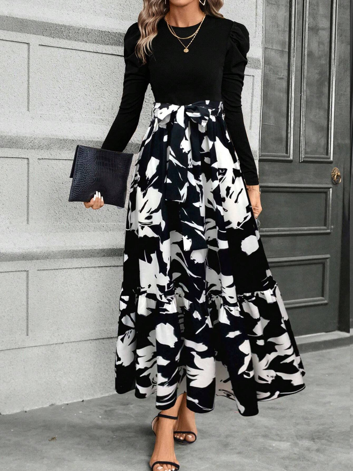Women's Elegant Bow-Tie Splice Floral Print A-Line Dress, Autumn