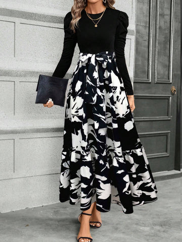 Women's Elegant Bow-Tie Splice Floral Print A-Line Dress, Autumn