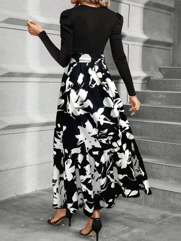 Women's Elegant Bow-Tie Splice Floral Print A-Line Dress, Autumn