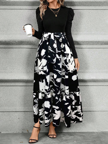 Women's Elegant Bow-Tie Splice Floral Print A-Line Dress, Autumn