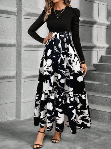 Women's Elegant Bow-Tie Splice Floral Print A-Line Dress, Autumn