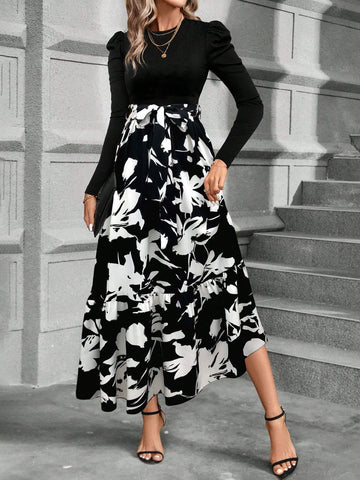 Women's Elegant Bow-Tie Splice Floral Print A-Line Dress, Autumn