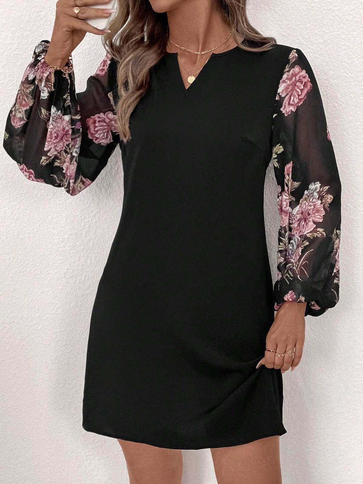 Women's Elegant C-Neck Floral Print Patchwork Long Sleeve Short Loose Dress
