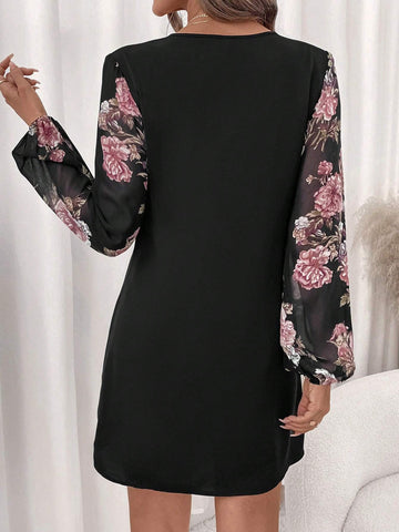 Women's Elegant C-Neck Floral Print Patchwork Long Sleeve Short Loose Dress