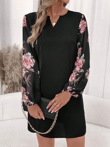 Women's Elegant C-Neck Floral Print Patchwork Long Sleeve Short Loose Dress