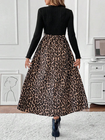 Women's Elegant Casual Knit Patchwork Leopard Print Long Sleeve Dress
