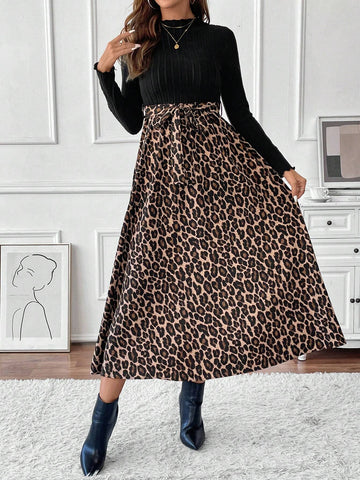 Women's Elegant Casual Knit Patchwork Leopard Print Long Sleeve Dress