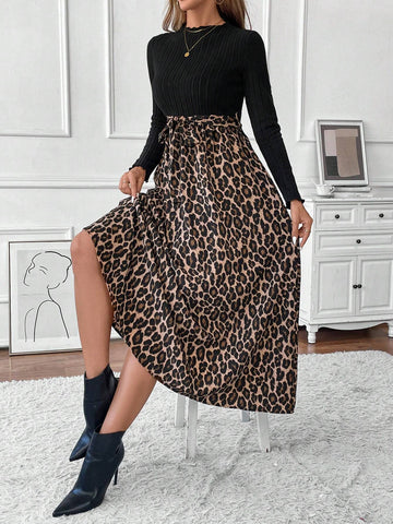 Women's Elegant Casual Knit Patchwork Leopard Print Long Sleeve Dress