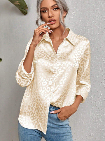 Clasi Women's Elegant Charming Jacquard Leopard Print Long Sleeve Shirt, Spring/Autumn