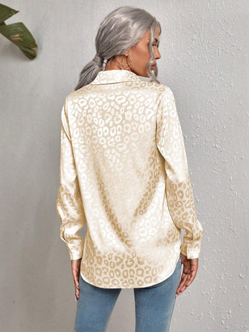 Clasi Women's Elegant Charming Jacquard Leopard Print Long Sleeve Shirt, Spring/Autumn