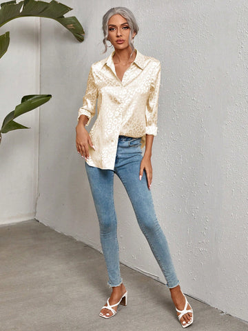 Clasi Women's Elegant Charming Jacquard Leopard Print Long Sleeve Shirt, Spring/Autumn