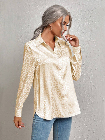 Clasi Women's Elegant Charming Jacquard Leopard Print Long Sleeve Shirt, Spring/Autumn