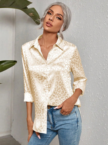 Clasi Women's Elegant Charming Jacquard Leopard Print Long Sleeve Shirt, Spring/Autumn