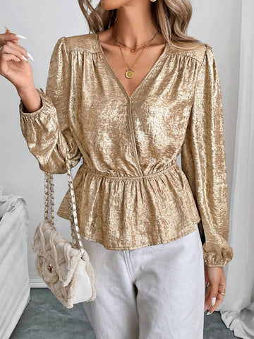 Clasi Women's Elegant Collared Puff Sleeve Cinched Waist Blouse, Autumn Winter