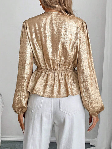 Clasi Women's Elegant Collared Puff Sleeve Cinched Waist Blouse, Autumn Winter