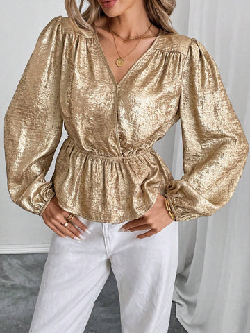 Clasi Women's Elegant Collared Puff Sleeve Cinched Waist Blouse, Autumn Winter