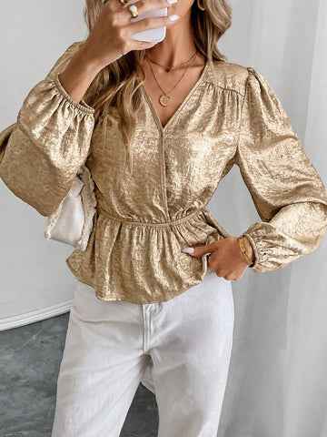 Clasi Women's Elegant Collared Puff Sleeve Cinched Waist Blouse, Autumn Winter