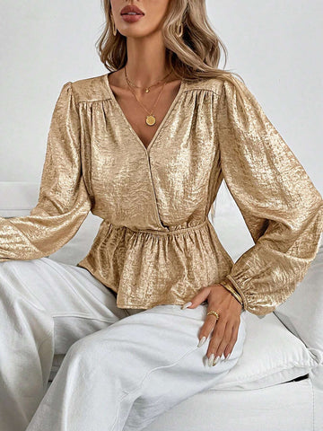 Clasi Women's Elegant Collared Puff Sleeve Cinched Waist Blouse, Autumn Winter