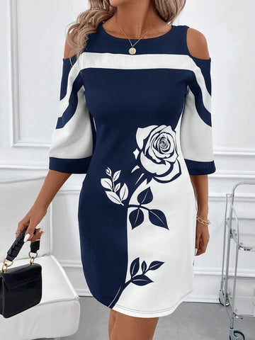 Women's Elegant Color Block Rose Print Off Shoulder Mini Dress