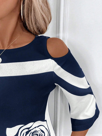 Women's Elegant Color Block Rose Print Off Shoulder Mini Dress