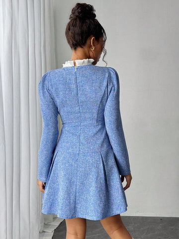 Women's Elegant Contrast Color Pleated Collar Dress, Autumn
