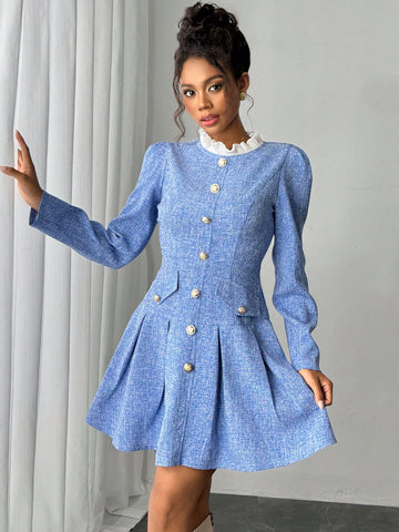 Women's Elegant Contrast Color Pleated Collar Dress, Autumn