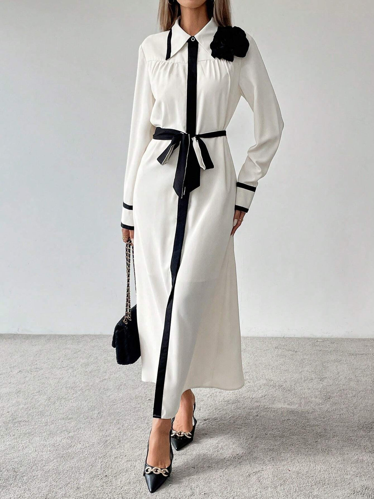 Women's Elegant Fashion Comfortable Long Sleeve Collared Waisted Bow Tie Belt Floral Shoulder