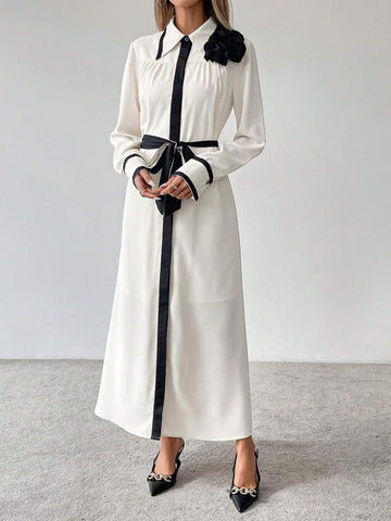 Women's Elegant Fashion Comfortable Long Sleeve Collared Waisted Bow Tie Belt Floral Shoulder
