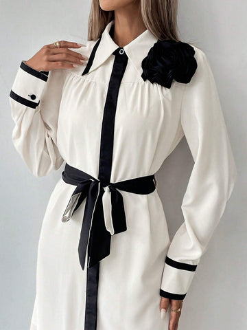Women's Elegant Fashion Comfortable Long Sleeve Collared Waisted Bow Tie Belt Floral Shoulder