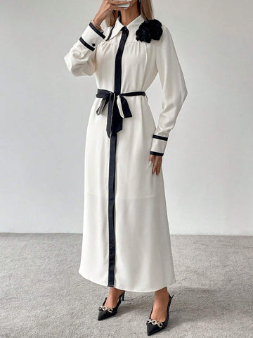 Women's Elegant Fashion Comfortable Long Sleeve Collared Waisted Bow Tie Belt Floral Shoulder